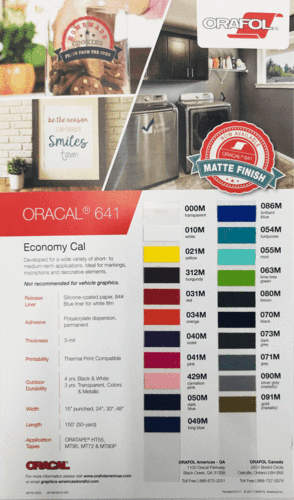 Oracal 641 color swatch sheet